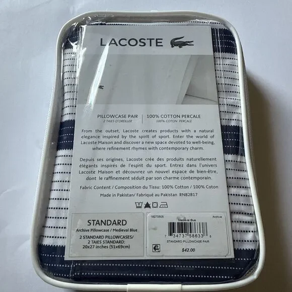 Lacoste 100% Cotton Medieval Blue Standard Pillowcase Pair Archive 2 Pillow Case - Picture 5 of 8